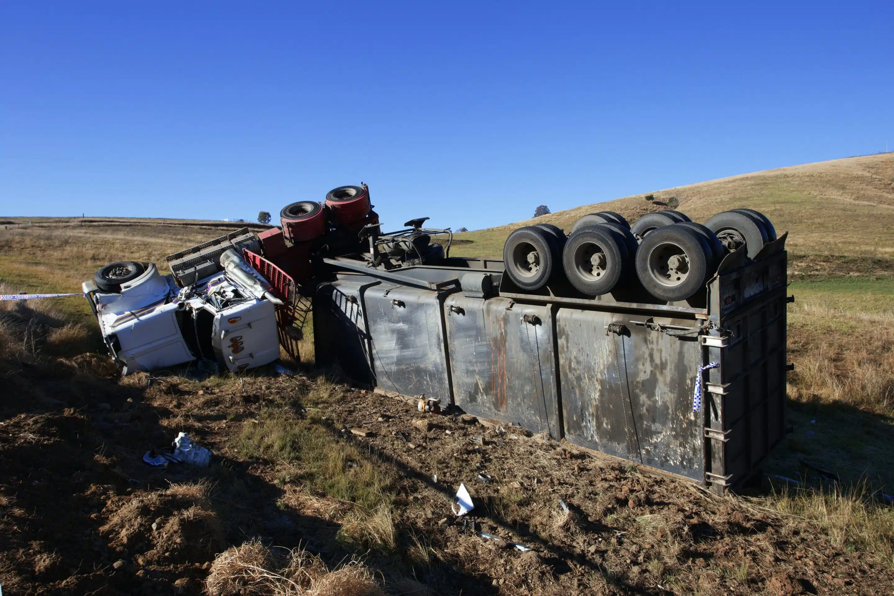 A Semi that has rolled in an accident. 