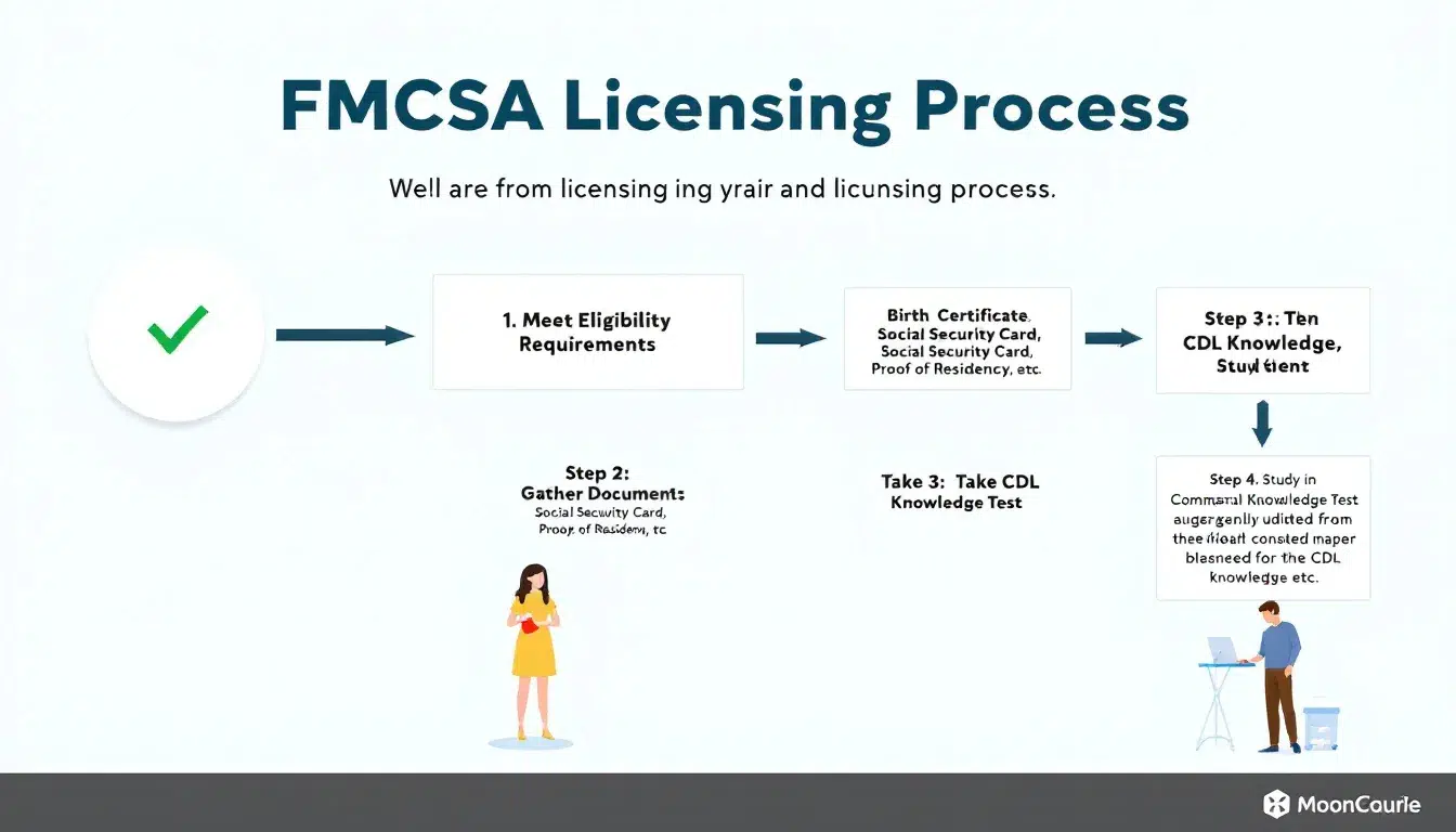 The image depicts a detailed graph illustrating the navigation process for FMCSA licensing, highlighting key elements such as insurance requirements for trucking companies, including liability insurance and commercial truck insurance, as well as the necessary forms and operating authority needed for motor carriers. It visually represents the steps involved in meeting the federal motor carrier safety administration's guidelines and financial responsibilities for commercial vehicles.