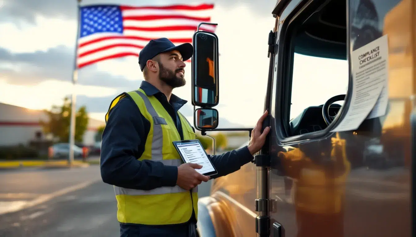 The image depicts a trucking company office with a focus on maintaining compliance with FMCSA regulations and requirements, highlighting various insurance documents such as liability insurance and commercial truck insurance. It emphasizes the importance of adhering to minimum insurance requirements for motor carriers and the necessary forms for operating authority.
