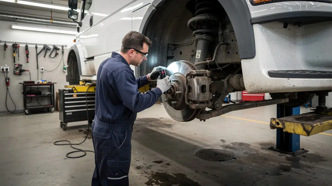 A mechanic in coveralls is inspecting the brake system of a commercial truck elevated on a lift, ensuring compliance with DOT regulations and vehicle maintenance records. This regular inspection is crucial for fleet safety and adherence to federal motor carrier safety standards.