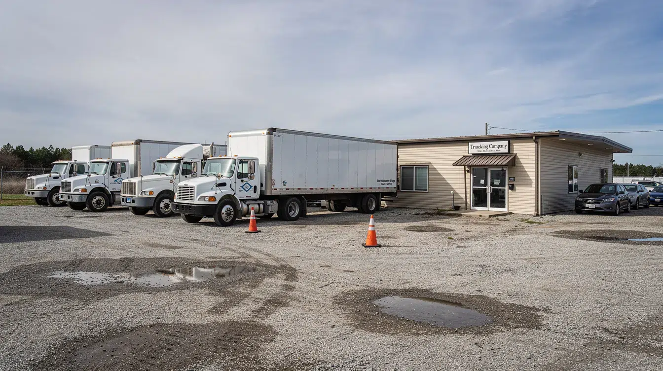 A small fleet of commercial trucks is parked in a gravel lot adjacent to a modest trucking company office building, highlighting the importance of DOT compliance and vehicle maintenance records for motor carriers. The scene emphasizes the need for adherence to federal regulations to ensure safety and avoid costly fines.