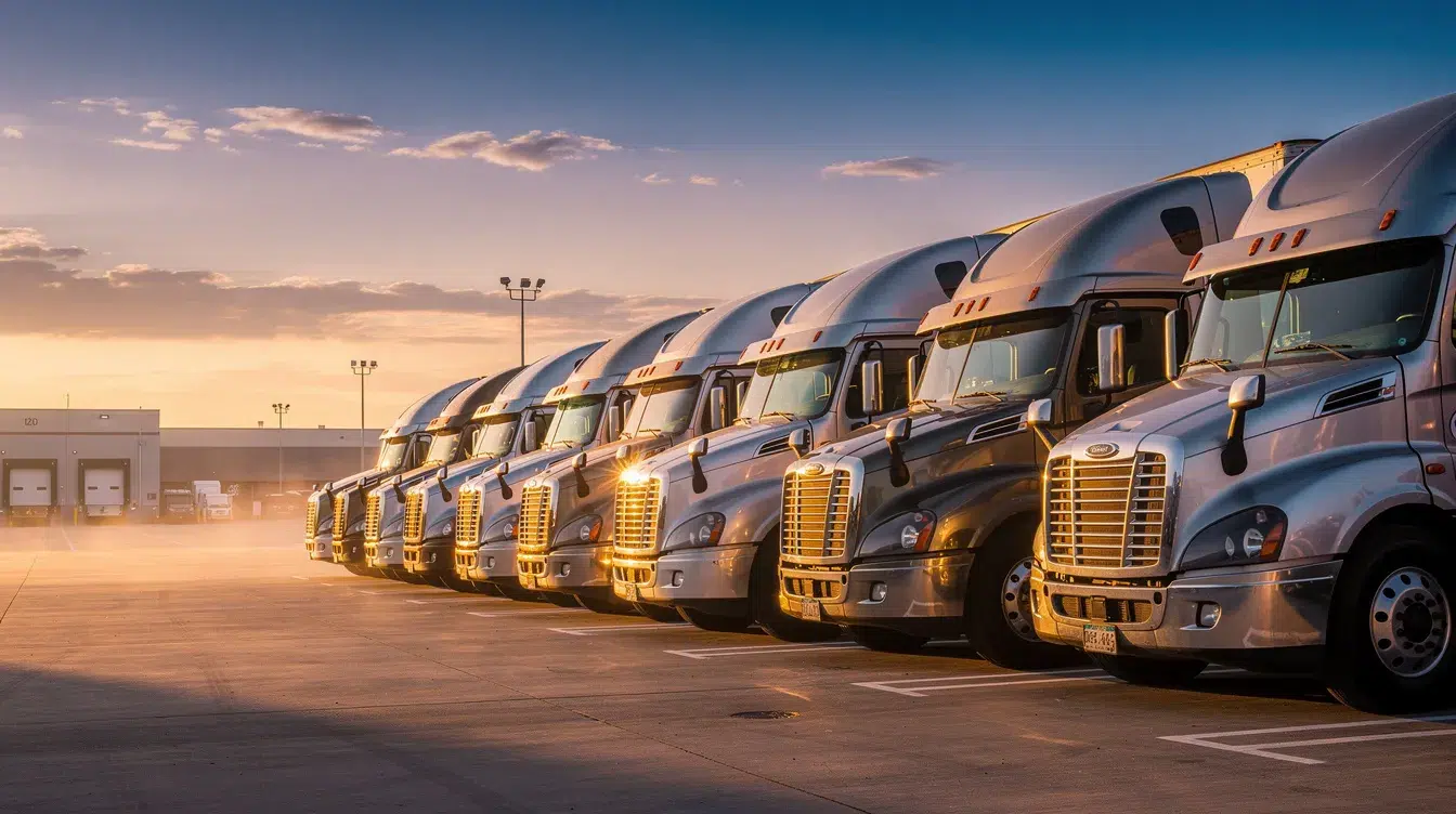 The image shows a row of commercial semi-trucks parked at a large trucking terminal, illuminated by the soft light of sunrise. This scene highlights the importance of regulatory compliance, including DOT regulations and safety practices, essential for motor carriers and their drivers.