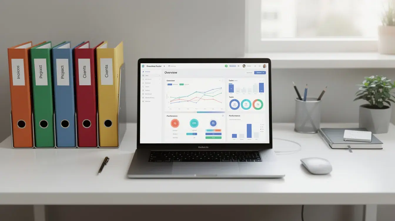 The image depicts an organized office workspace featuring neatly labeled file folders and a computer screen displaying a tracking dashboard, emphasizing the importance of regulatory compliance and efficient management practices in the transportation industry. This setup supports companies in adhering to DOT regulations and maintaining safety standards.