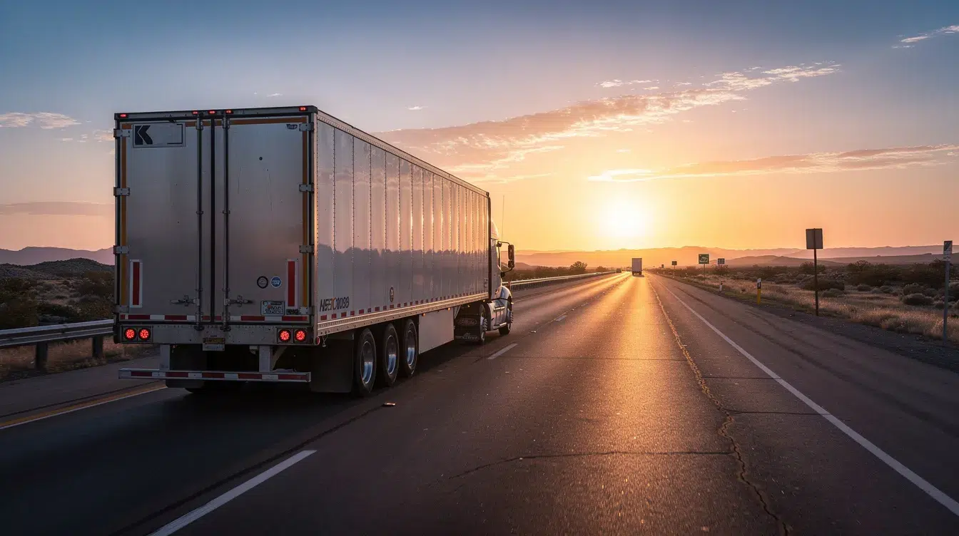 A long-haul truck is driving on an open interstate highway at sunrise, with the orange and pink hues of dawn illuminating the sky. This scene captures the essence of transportation service providers navigating the vast roads, highlighting the importance of the FMCSA and the new USDOT registration system for motor carriers.
