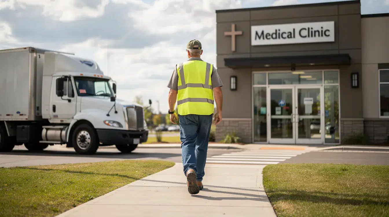 A commercial truck driver is seen walking toward a medical clinic building, likely for mandatory drug and alcohol testing as part of their compliance with DOT regulations for safety-sensitive positions. The clinic serves as a collection site for drug tests required for commercial drivers to maintain their commercial driver's license.