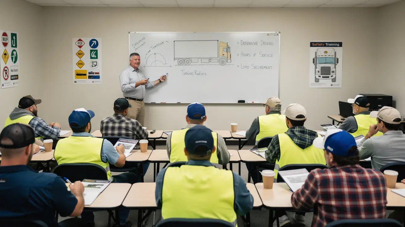 The image depicts a classroom training session where a group of commercial truck drivers attentively listens to an instructor who is explaining drug and alcohol regulations using a whiteboard. The session focuses on essential topics such as hazardous materials transportation, compliance with DOT regulations, and the responsibilities of drivers in maintaining safety on public highways.