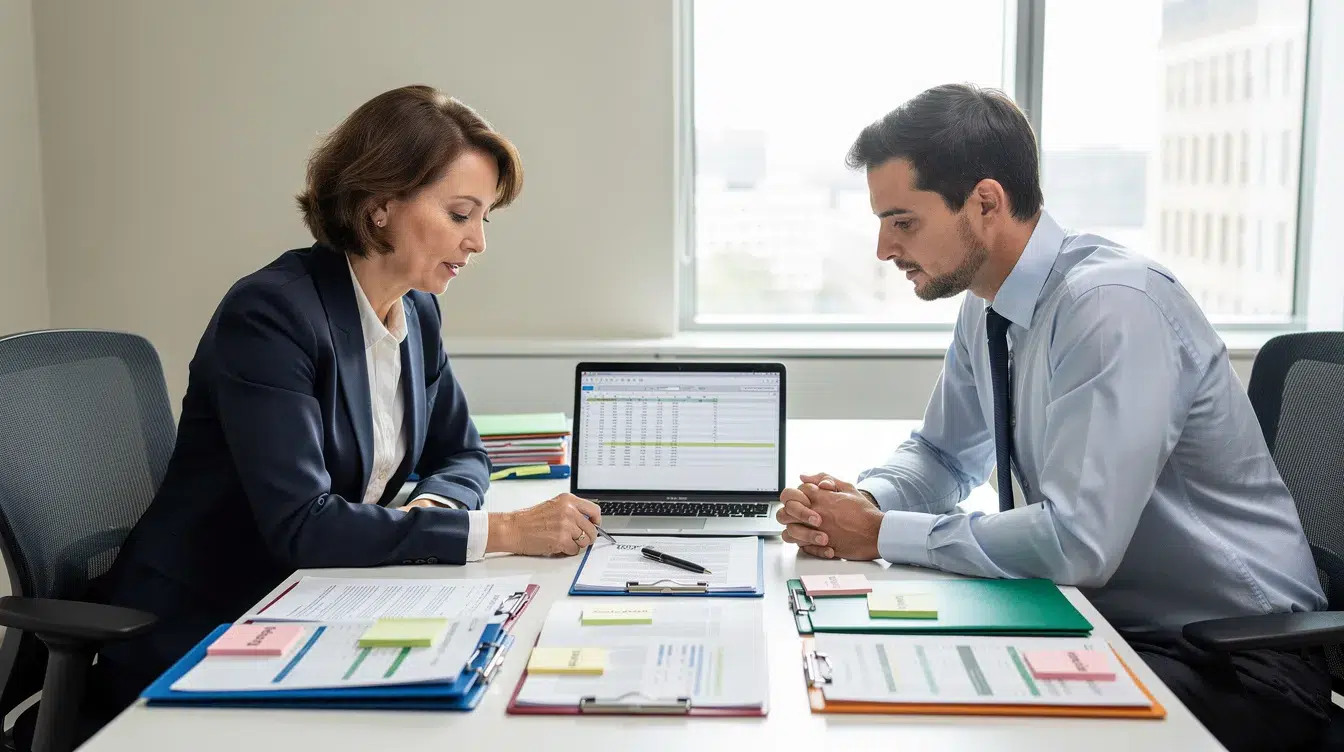 Two professionals are collaborating at a desk, reviewing compliance documents related to DOT regulations, with a laptop and neatly organized folders nearby. This scene emphasizes the importance of regulatory compliance in transportation, ensuring safety and adherence to guidelines for motor carriers.