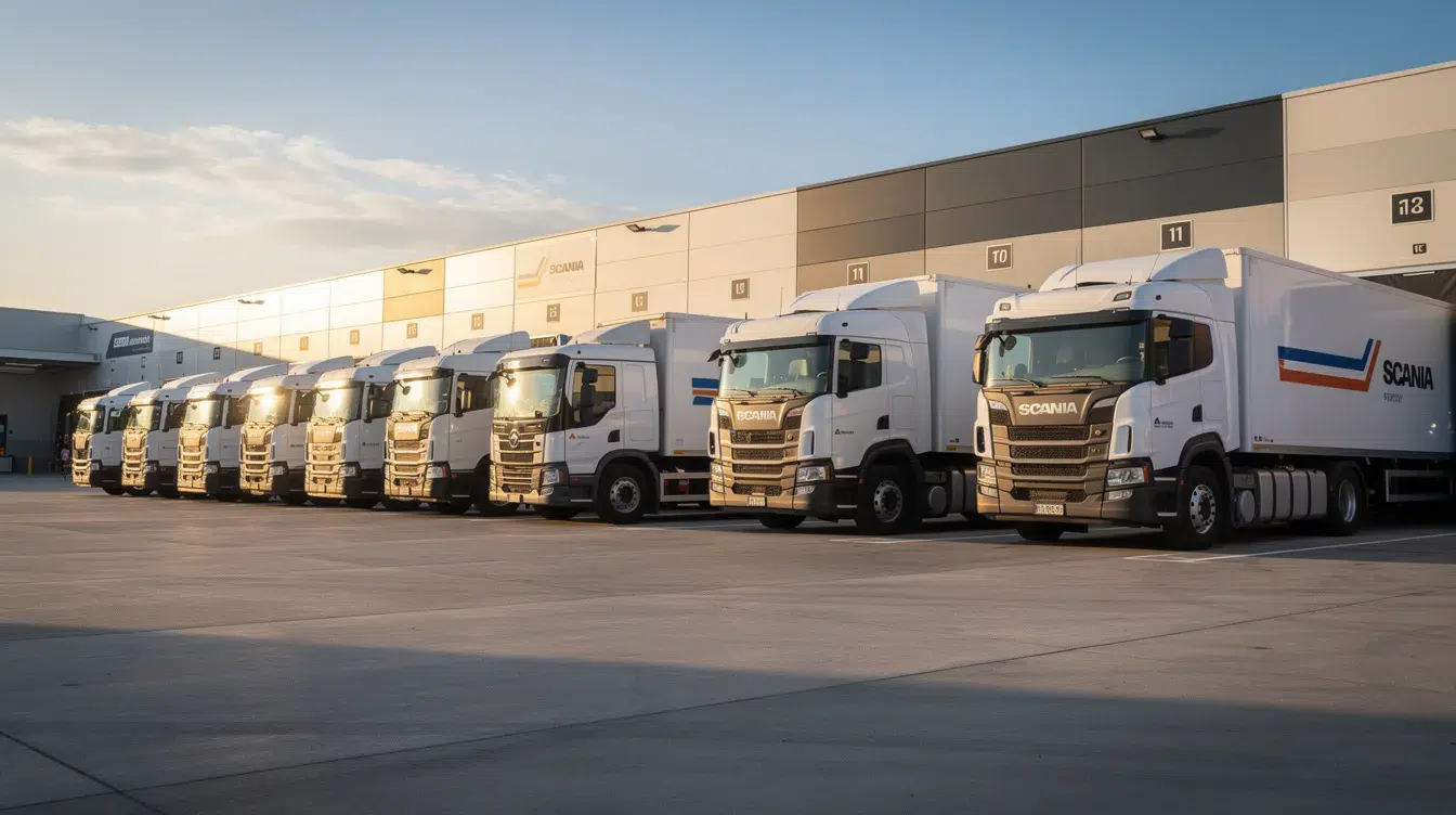 A row of commercial trucks is parked side by side at a distribution center, showcasing a growing fleet operation that adheres to DOT compliance regulations. This scene illustrates the importance of vehicle maintenance records and driver qualification files in ensuring safety and compliance with federal motor carrier safety standards.