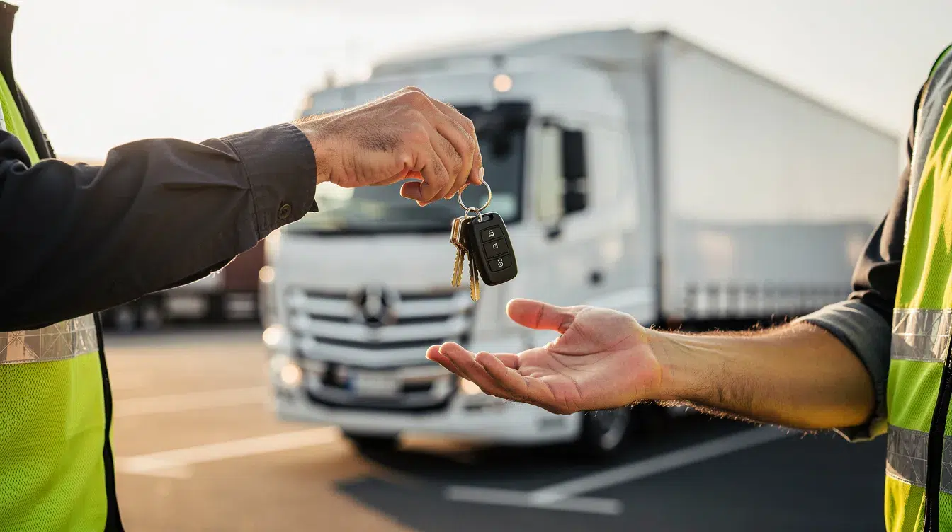 The image shows a pair of truck keys being handed from one person to another in front of a commercial vehicle, symbolizing the transition of responsibility often associated with hiring new CDL drivers. This moment emphasizes the importance of having a valid commercial driver's license and proper training for operating commercial motor vehicles.