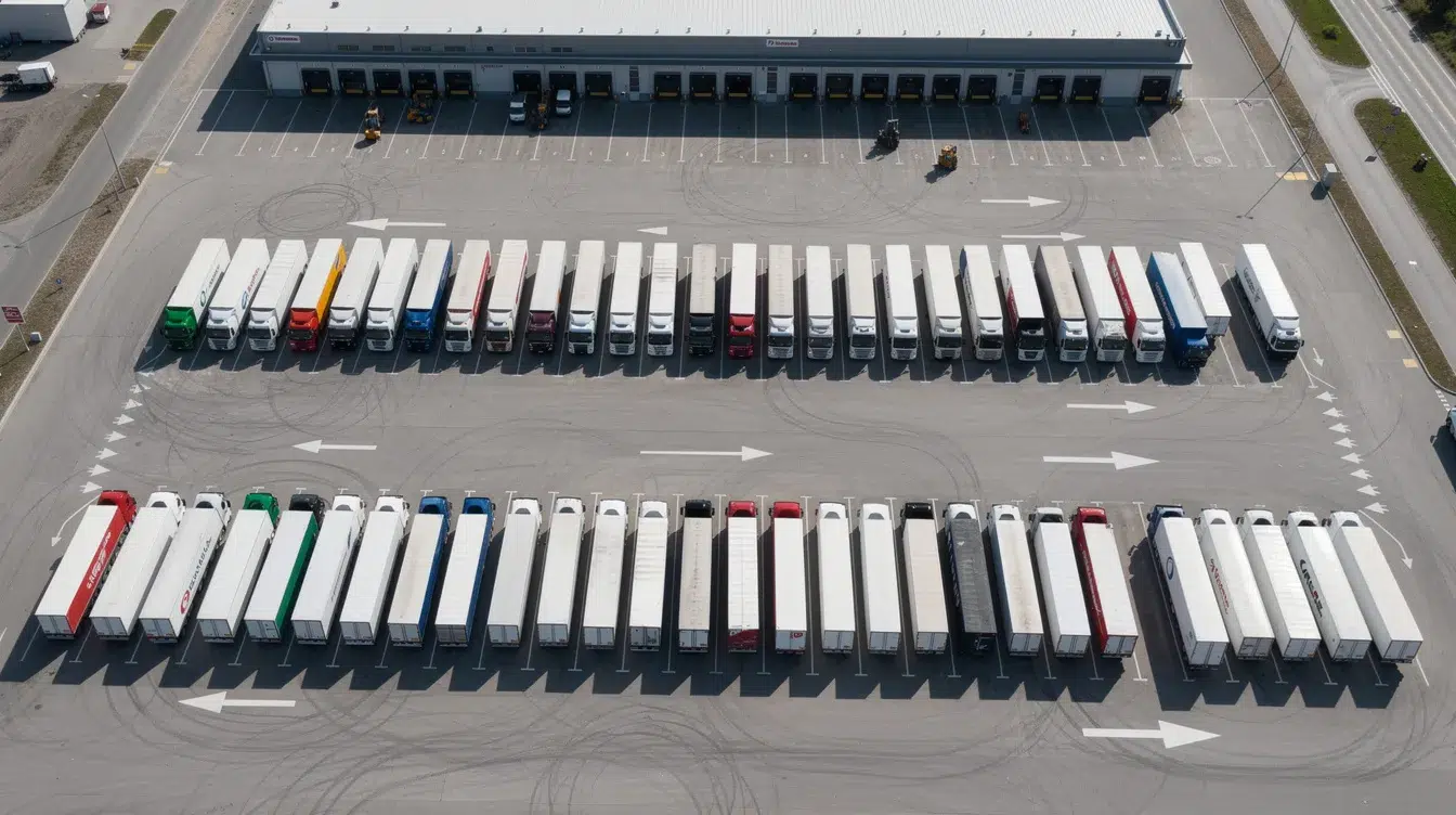 An aerial view showcases a fleet of commercial trucks neatly parked at a large trucking terminal, highlighting the organized fleet operations essential for compliance with transportation regulations and hazardous materials transportation. The image reflects the importance of safety and proper training in the transportation industry, including drug and alcohol testing protocols.