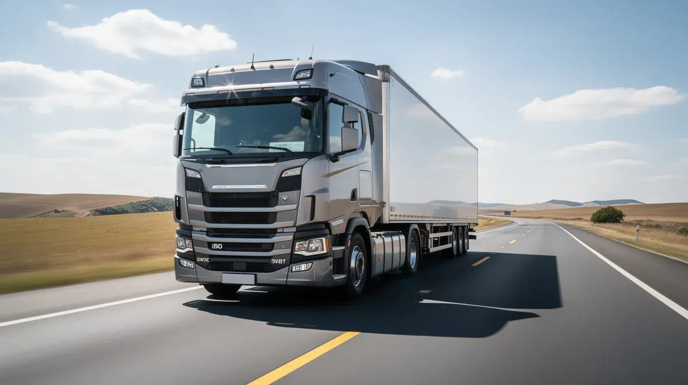 A large semi truck is driving on an open highway during the daytime, showcasing the trucking industry's commitment to safety management controls and compliance with federal regulations. The vehicle appears well-maintained, reflecting the importance of vehicle maintenance and driver qualification in ensuring safe operations on the road.