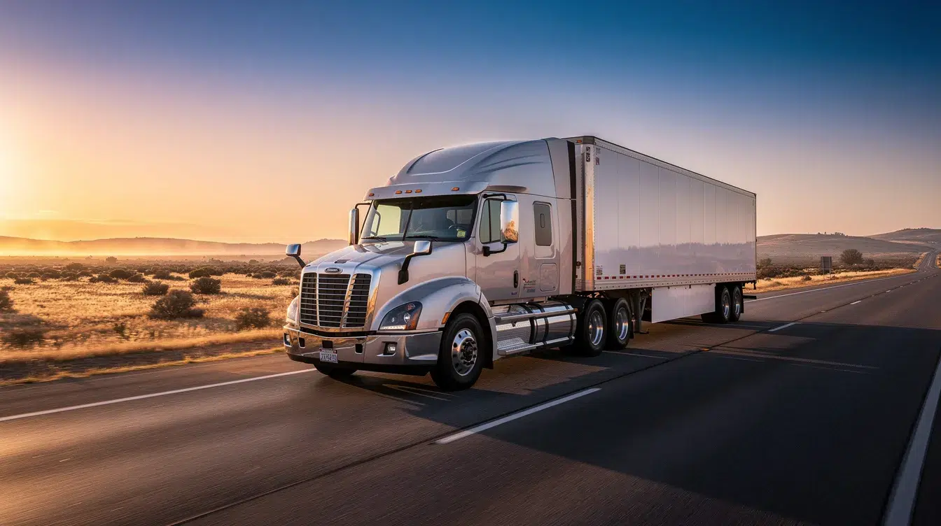 A commercial semi-truck is driving on an open highway at sunrise, surrounded by clear skies. The image captures the essence of transportation in the industry, highlighting the importance of compliance with federal regulations and safety standards, especially when transporting hazardous materials.