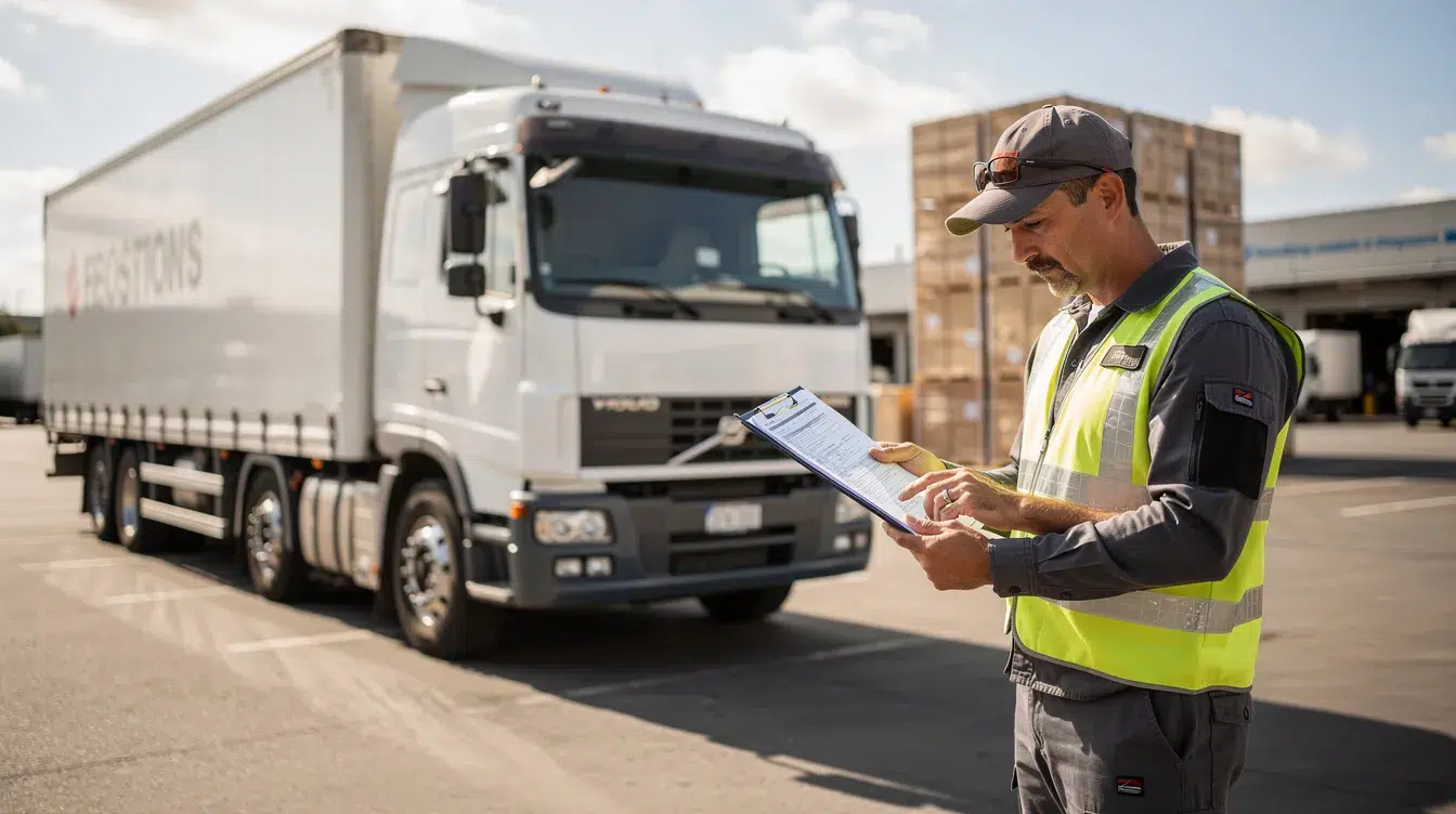 A commercial truck driver stands beside a parked semi-truck, carefully reviewing a clipboard filled with documents related to DOT compliance and regulatory requirements. The scene highlights the importance of safety and adherence to industry rules, such as drug and alcohol testing and driver training, essential for motor carriers to avoid costly fines.