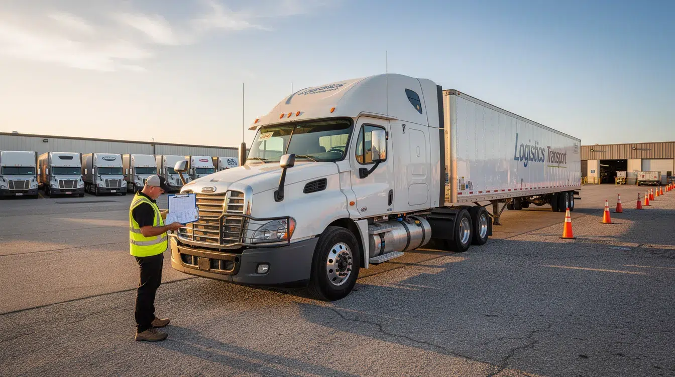 A commercial truck driver is conducting a pre-trip inspection on a semi-truck in a trucking yard on a clear morning, ensuring that the vehicle meets federal motor carrier safety regulations. The driver checks various components of the commercial motor vehicle, preparing for safe transportation while adhering to the requirements for a valid commercial driver's license.