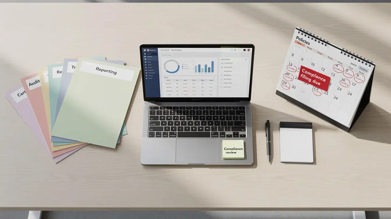 The image depicts a neatly organized desk featuring labeled file folders, a laptop, and a calendar that highlights important compliance deadlines related to DOT regulations and drug and alcohol testing. This setup emphasizes the importance of maintaining proper documentation and staying compliant with federal motor carrier safety standards.