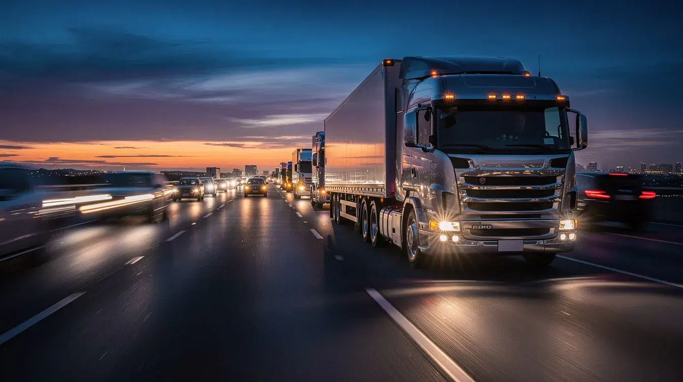 A large truck is driving on a busy highway at dusk, surrounded by other motor vehicles and illuminated by the fading light. This scene represents the transportation industry, highlighting the critical role of trucking companies in hauling freight across the United States.
