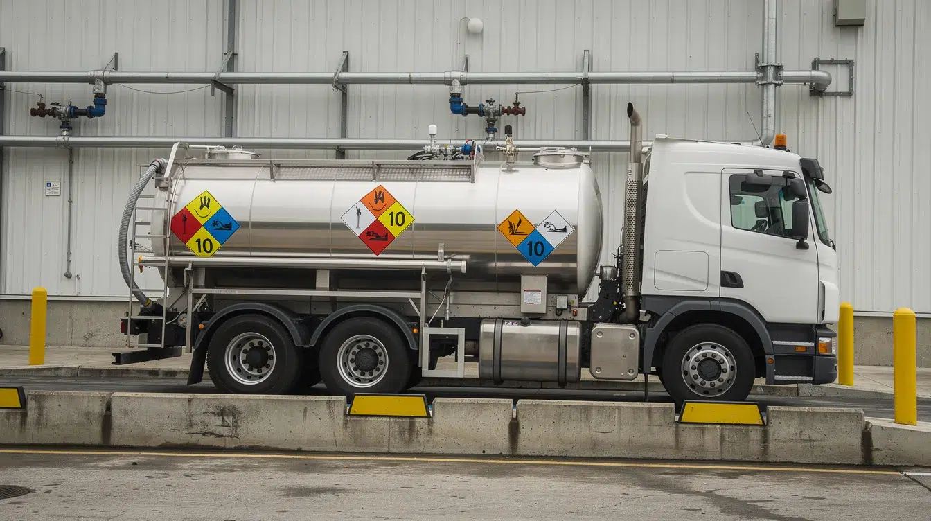 The image shows a tanker truck parked at an industrial loading dock, prominently displaying hazmat diamond placards indicating the transportation of hazardous materials. This setting emphasizes the importance of compliance with federal regulations and safety protocols in the transportation industry.