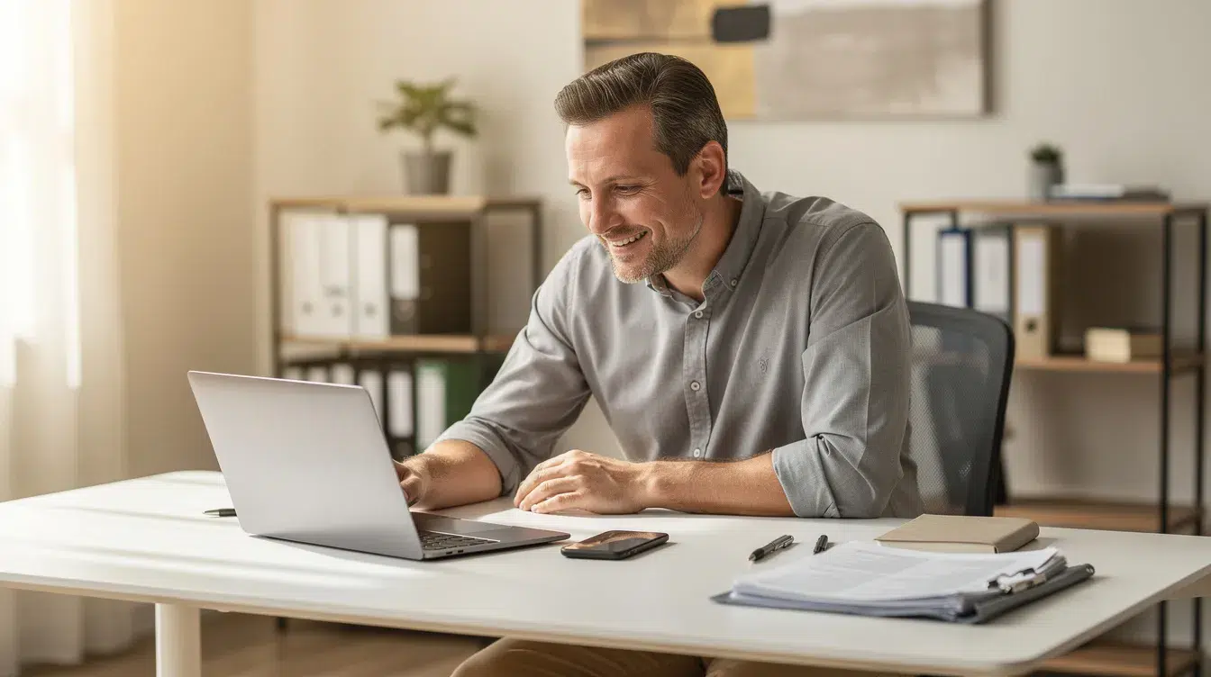 A small business owner is seated at a desk, intently reviewing documents on a laptop with a phone nearby, portraying a focused yet relaxed demeanor. The scene highlights the importance of maintaining compliance with DOT regulations, ensuring safety and avoiding costly fines for their commercial vehicles.