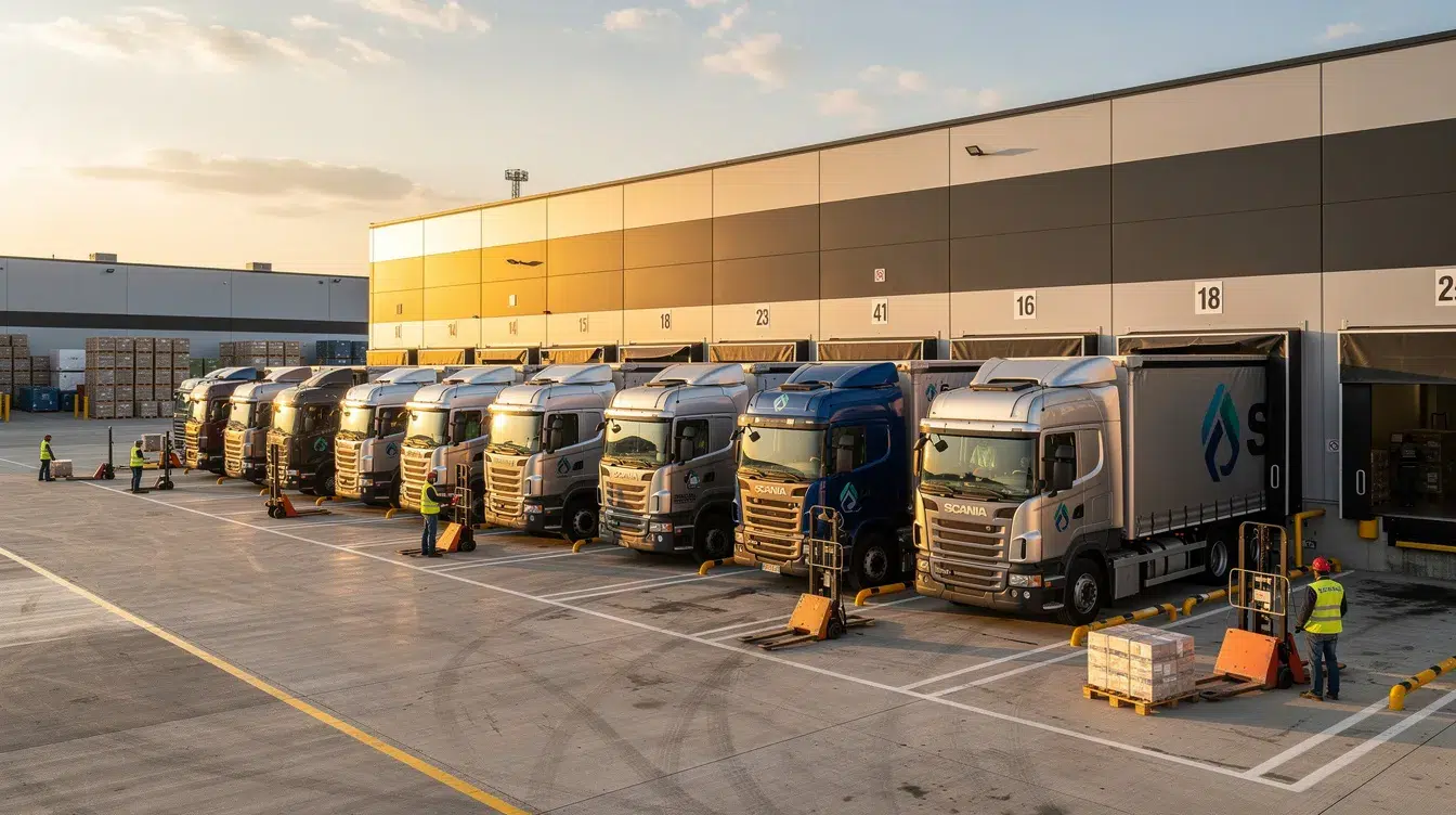 The image shows multiple commercial trucks lined up at a loading dock facility, ready for loading and unloading operations. This scene highlights the importance of CDL drivers and the commercial motor vehicles they operate in the transportation industry.