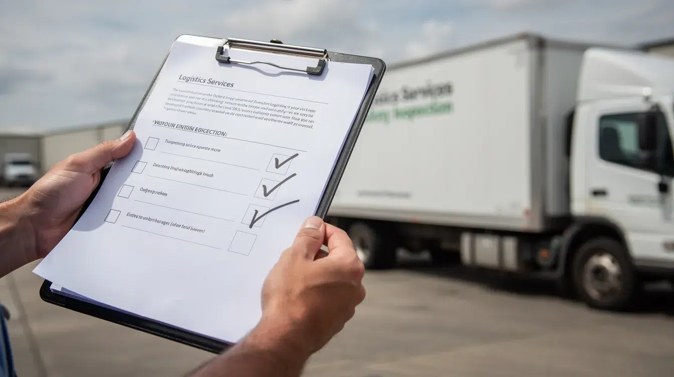 The image depicts a clipboard with a checklist being reviewed, positioned next to a commercial truck, highlighting the importance of safety management controls and compliance with federal regulations in the trucking industry. This visual emphasizes the need for thorough inspections and documentation to maintain compliance and avoid costly fines.