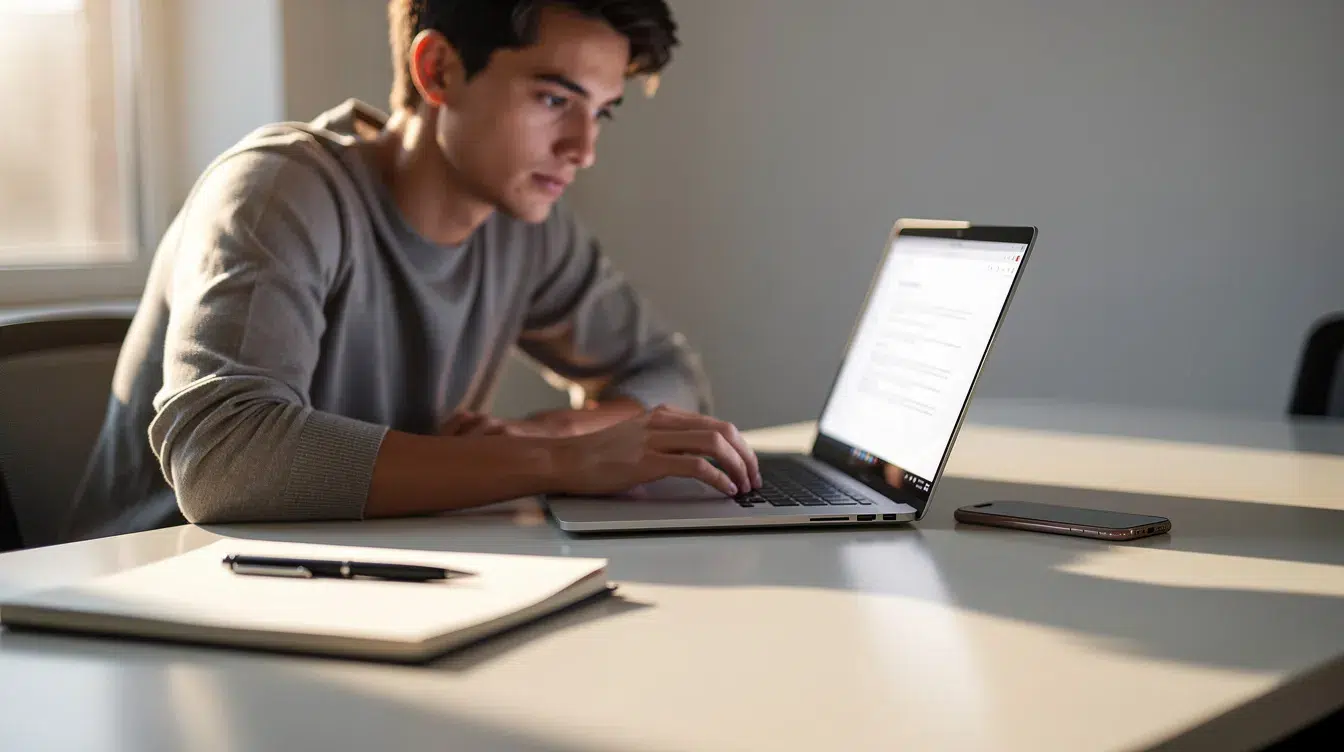 The image shows a person sitting at a desk, focused on using a laptop computer, with a smartphone placed nearby. This scene reflects the modern workspace of transportation service providers, who often utilize tools like the FMCSA portal to manage their USDOT registrations and ensure data accuracy.