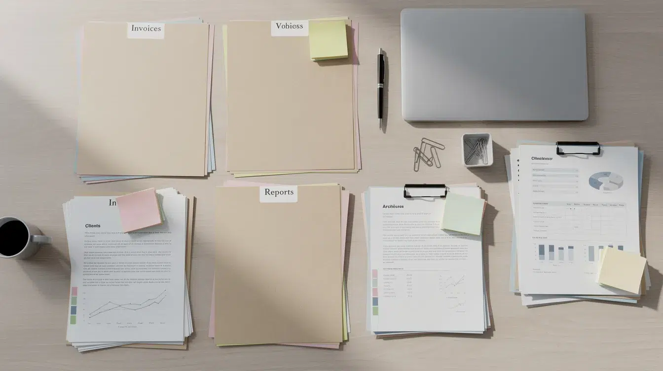 The image shows an organized office desk with neatly arranged file folders and paperwork, highlighting essential documents related to safety management controls and compliance reviews in the trucking industry. This setup emphasizes the importance of maintaining compliance with federal regulations and preparing for audits to avoid costly fines and ensure drivers' safety.