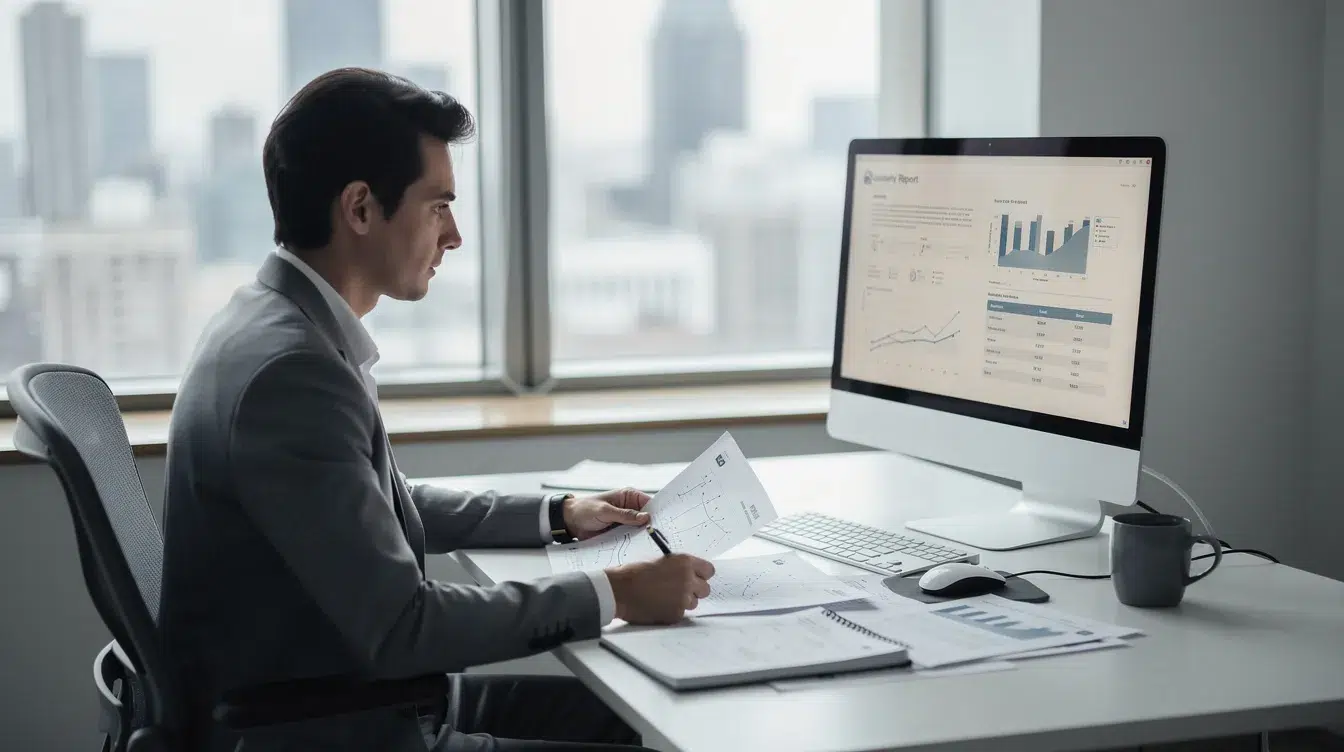 The image depicts a person sitting at an office desk, intently reviewing documents alongside a computer screen filled with information related to the transportation industry. This scene reflects the critical tasks involved in freight brokerage, such as evaluating motor carriers and ensuring compliance with safety regulations.