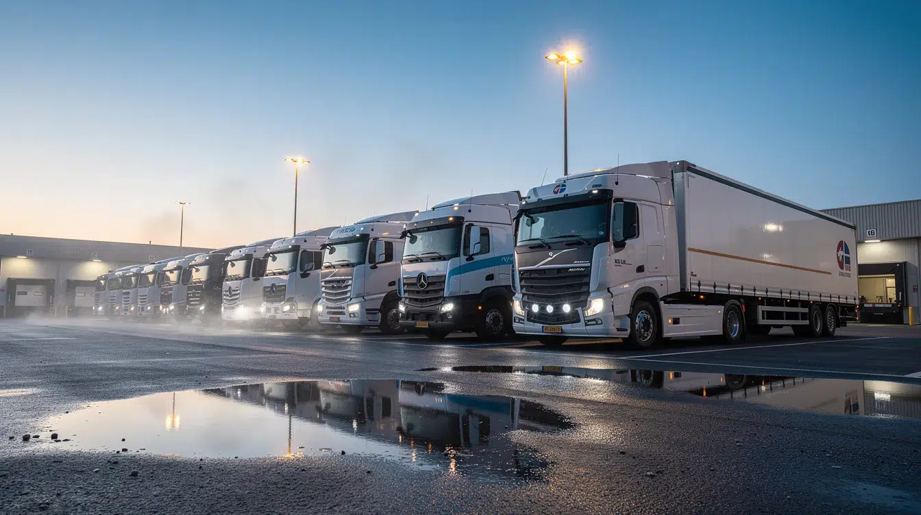 The image shows a fleet of commercial trucks parked in a neat row at a trucking terminal during the early morning hours, emphasizing the importance of vehicle maintenance and compliance with federal regulations in the trucking industry. This scene highlights the critical role of safety management controls and maintaining compliance to avoid costly fines and ensure drivers' safety.