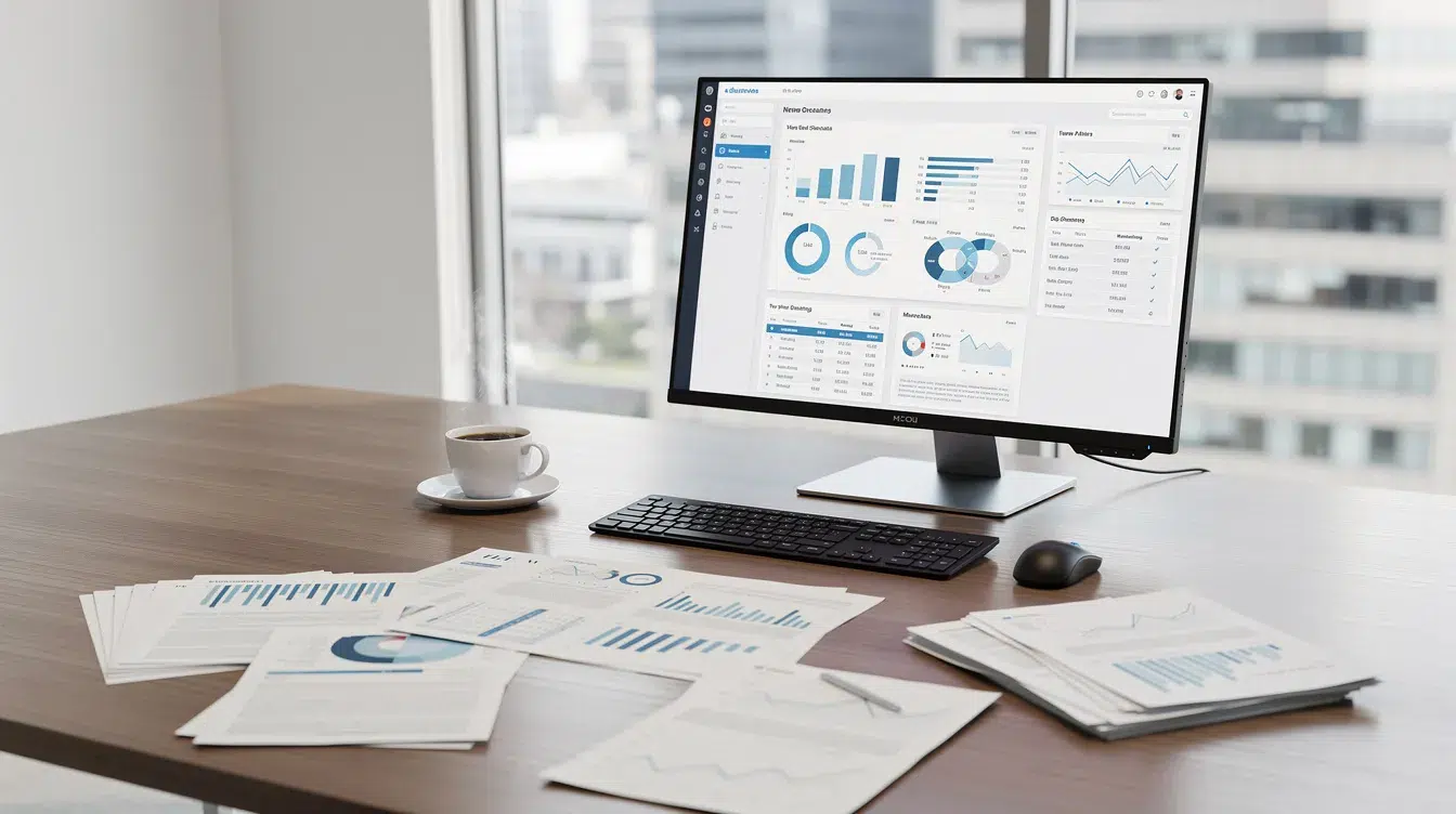 The image depicts a professional office desk featuring a computer monitor, various documents neatly arranged, and a coffee cup, creating an organized workspace ideal for managing registrations and navigating the FMCSA portal. This setup reflects the environment of a company official working on tasks related to the USDOT registration system and ensuring data accuracy for transportation service providers.