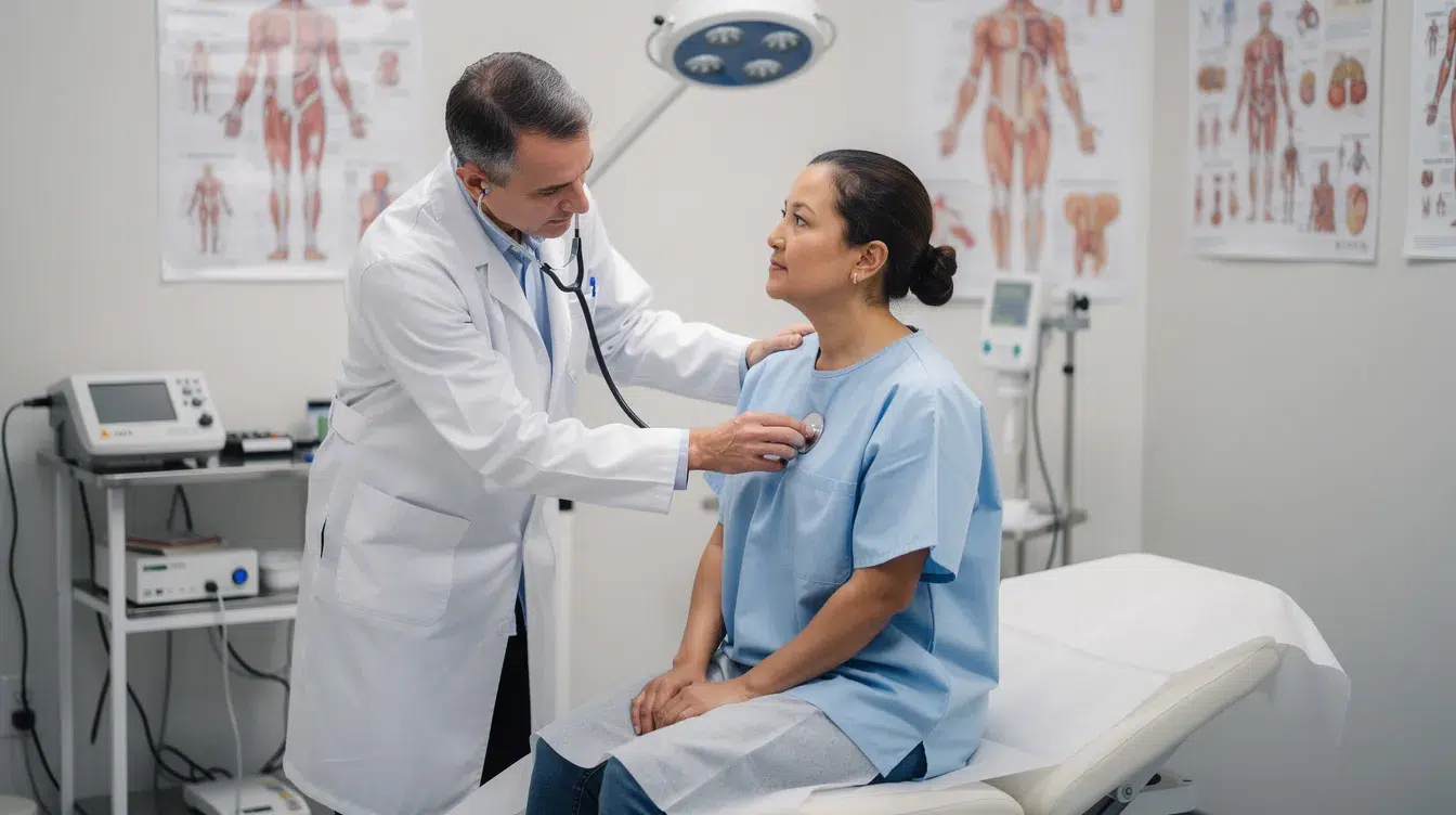 A medical professional is seen in a clinical setting, conducting a physical examination of a patient to assess their health and fitness. This examination is crucial for obtaining a medical examiner's certificate, which is necessary for drivers, including CDL holders, to comply with federal regulations for commercial motor vehicles.