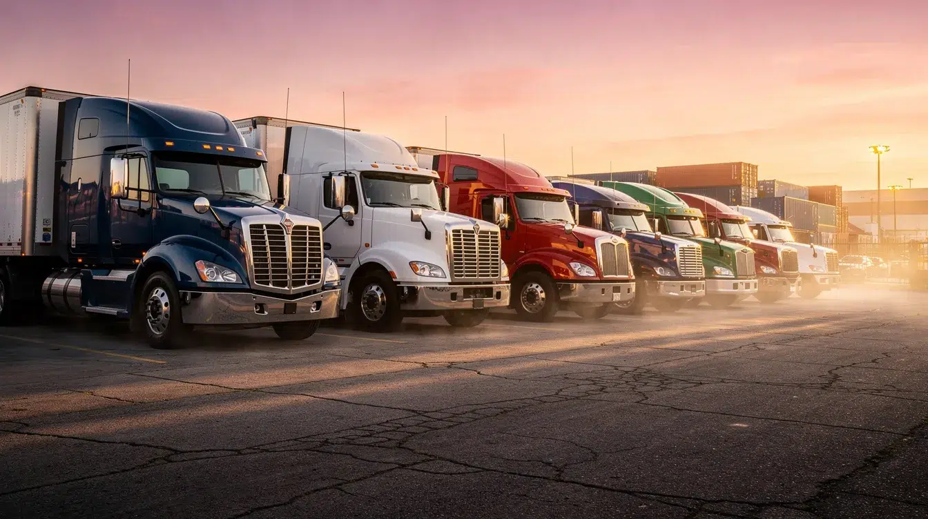 The image depicts a row of commercial semi-trucks parked at a trucking yard during dawn, with the early morning light casting a soft glow on the vehicles. This scene reflects the operational hub of a motor carrier, where drivers with a commercial driver's license prepare for their safety-sensitive functions, including compliance with drug and alcohol testing regulations.