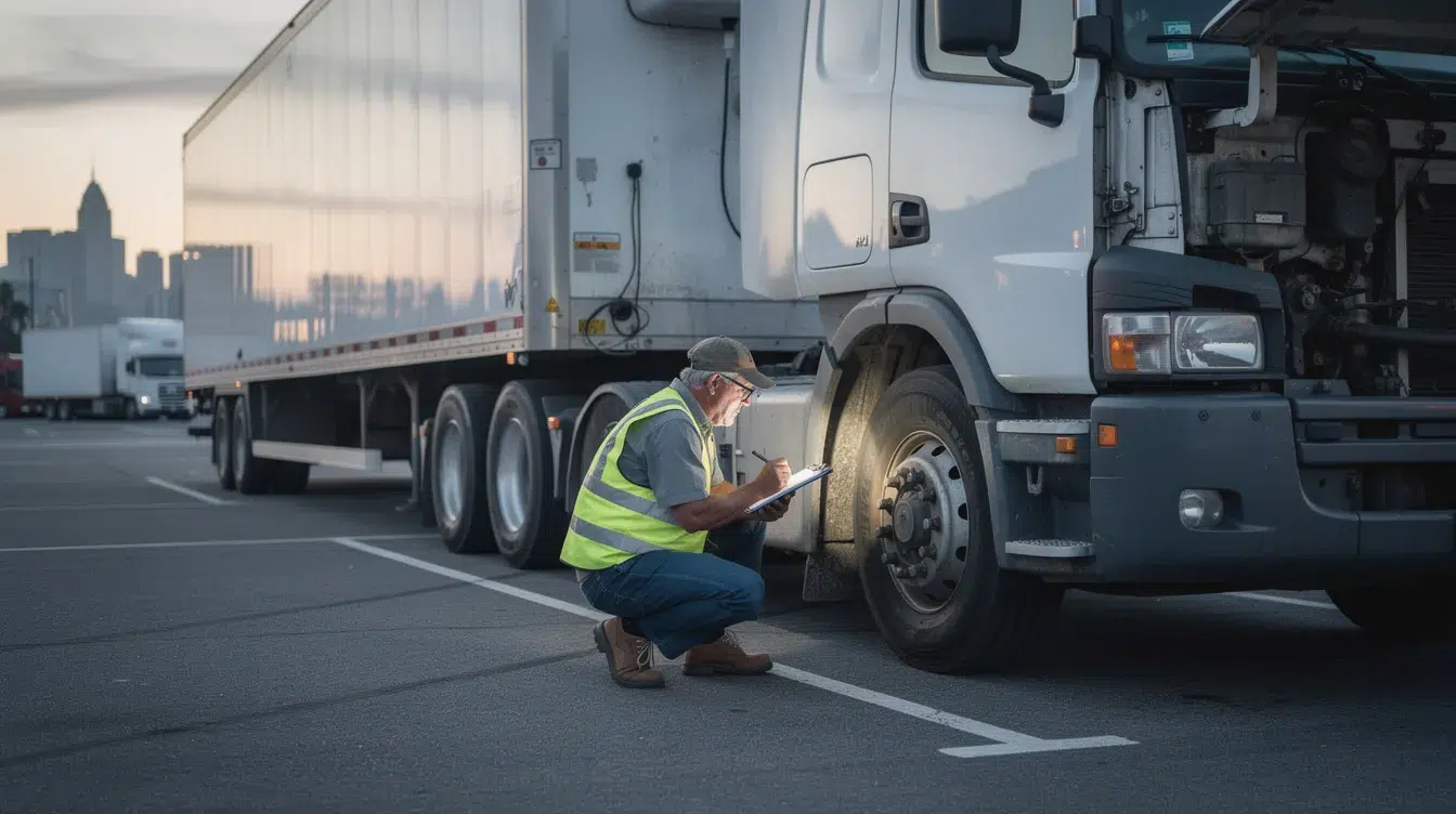 A driver is conducting a thorough pre-trip vehicle inspection on a commercial truck in a parking lot, ensuring compliance with federal regulations and safety standards. This inspection is crucial for transporting hazardous materials and maintaining the vehicle's readiness for public highways.