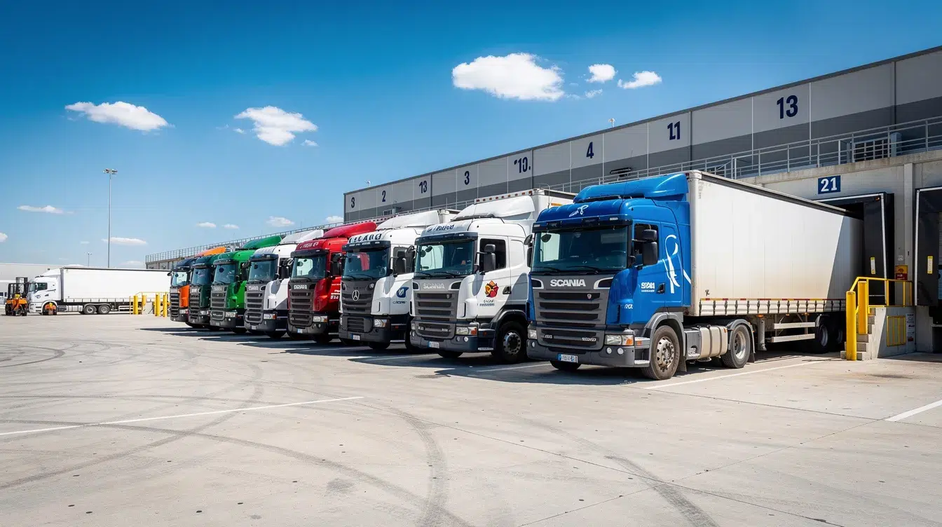 The image depicts several commercial trucks parked side by side at a freight terminal on a sunny afternoon, highlighting the essential role of CDL drivers in the transportation industry. These vehicles, classified as commercial motor vehicles, are crucial for transporting goods while adhering to federal motor carrier safety regulations.
