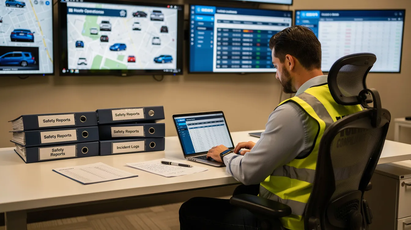 A safety manager is seated at a fleet operations desk, intently reviewing documents and data on a laptop, ensuring compliance with safety regulations and preparing for a safety audit. The workspace is organized with paperwork related to driver qualification files and maintenance records, reflecting the importance of operating safely and maintaining accountability within the fleet.