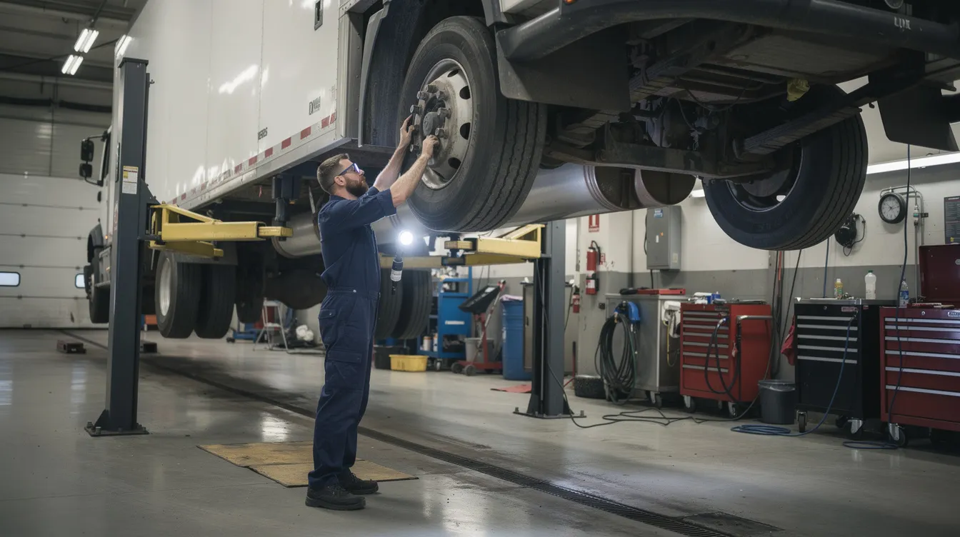 A mechanic is inspecting the underside of a commercial truck on a lift in a maintenance shop, ensuring compliance with safety standards and maintenance records. This inspection is crucial for passing safety audits and maintaining the vehicle's operational authority.
