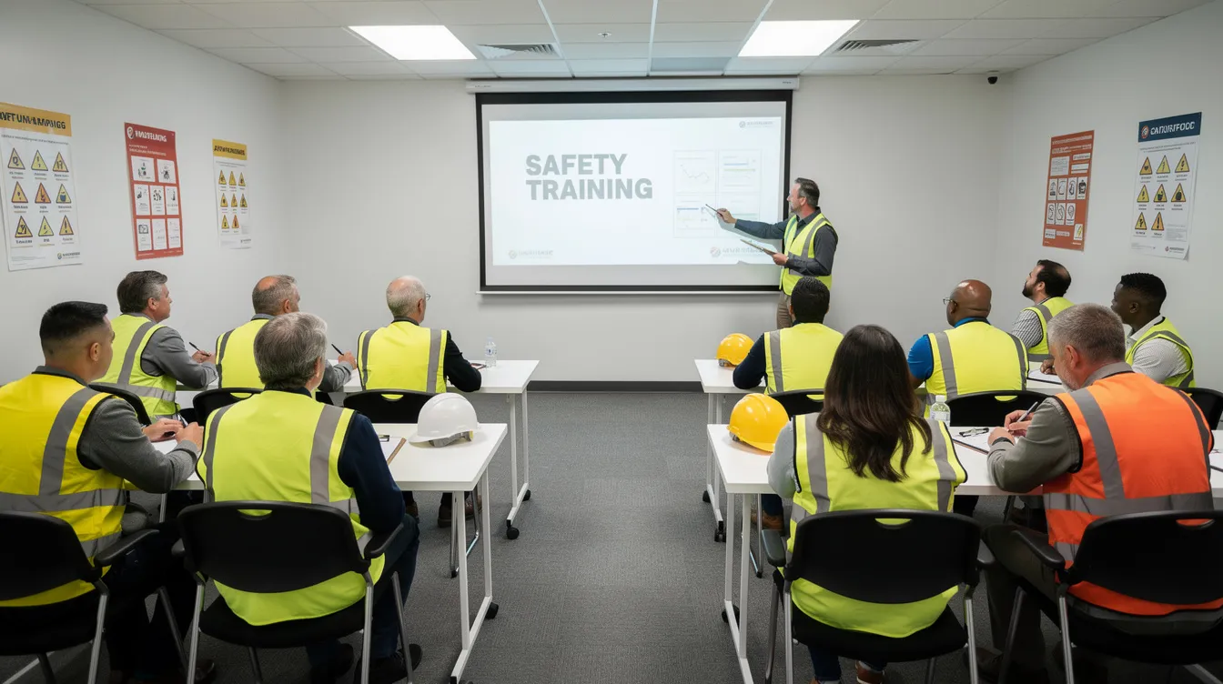 A group of workers wearing safety vests is engaged in a training session within an indoor classroom, focusing on essential safety protocols and procedures. The environment is designed to provide resources and support, ensuring that all participants meet the necessary qualifications for their roles.