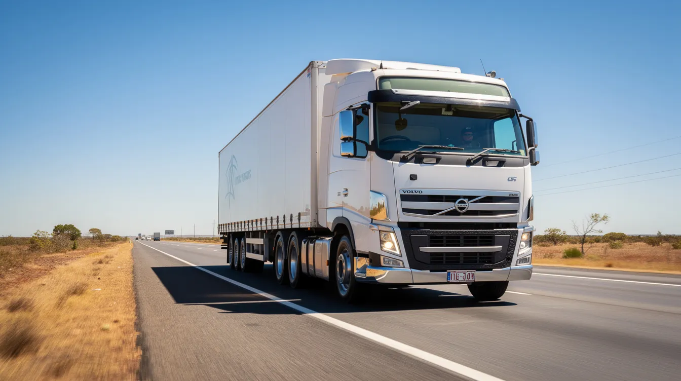 A commercial truck is driving along an open highway under clear blue skies, symbolizing the transportation services provided by qualified consultants in the logistics industry. The scene captures the essence of efficient delivery and the vital role of drivers in maintaining connectivity across states.