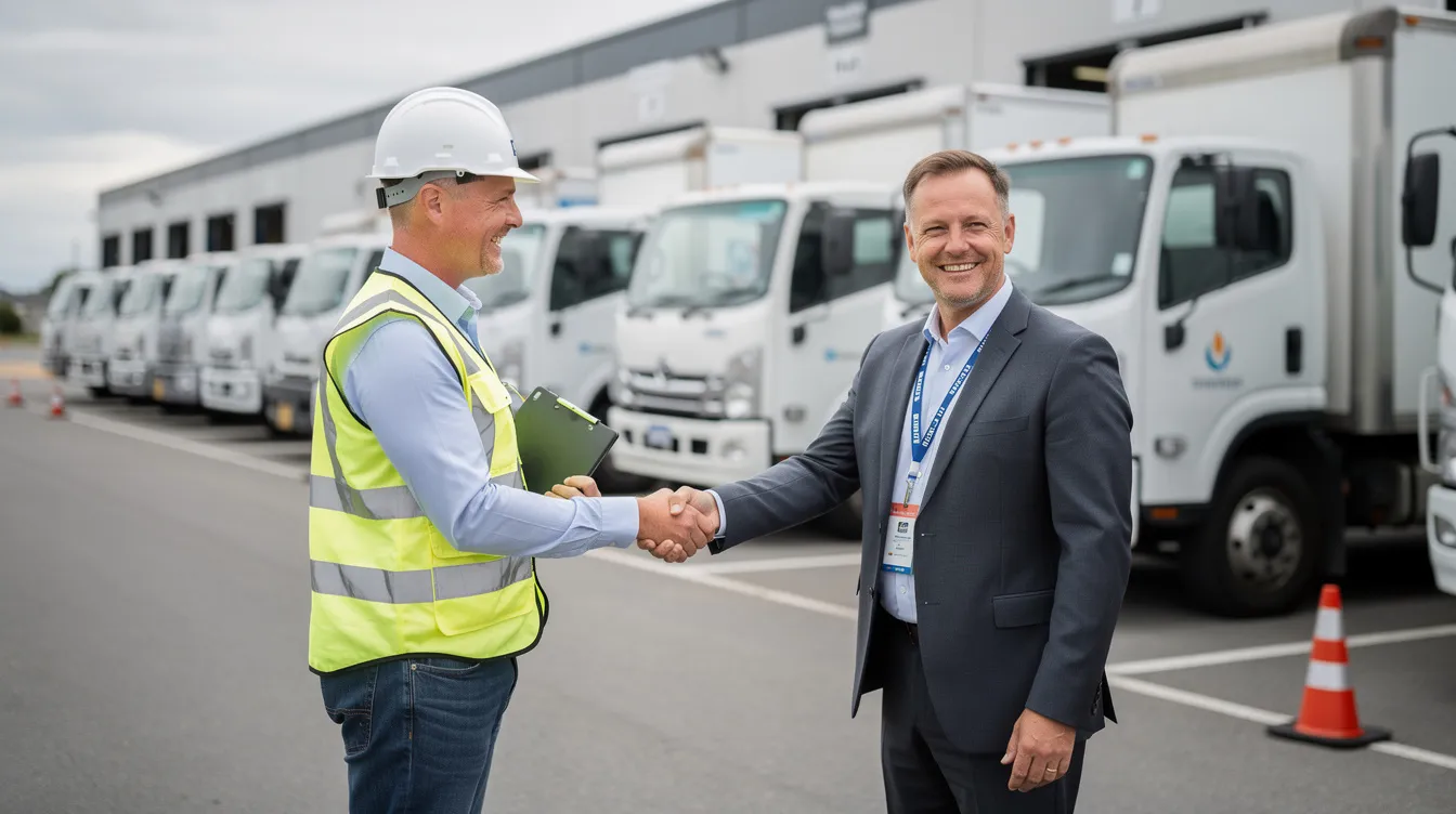 A fleet safety professional is shaking hands with a company manager in front of parked commercial vehicles, symbolizing a commitment to safety and compliance in daily operations. This meeting highlights the importance of safety audits, driver qualification, and maintaining regulatory standards in the fleet management industry.