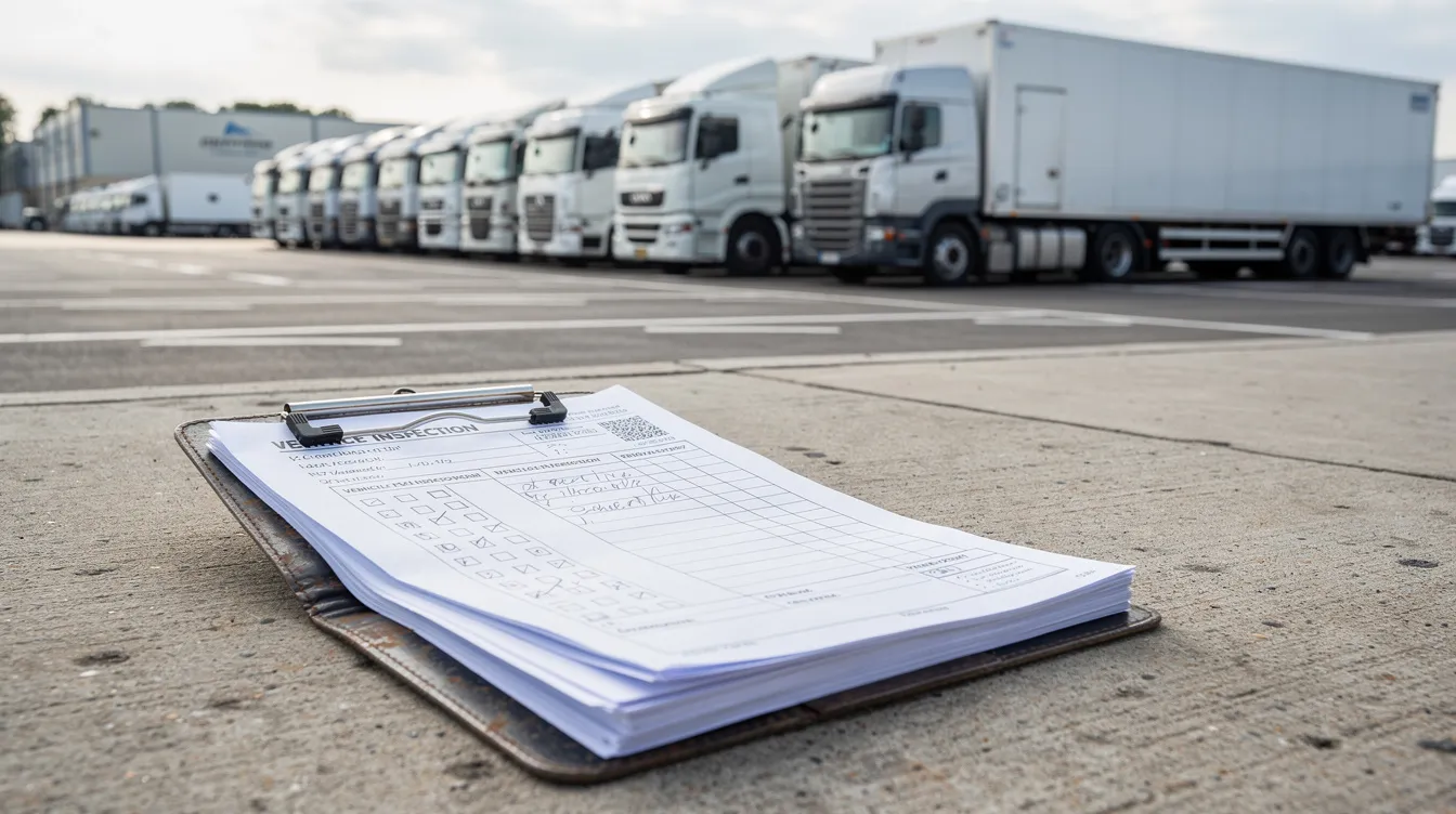 A clipboard filled with vehicle inspection forms rests on the ground next to a line of parked commercial trucks, highlighting the importance of transportation safety and compliance. This scene emphasizes the role of qualified consultants and resources in ensuring that drivers meet necessary qualifications and standards.