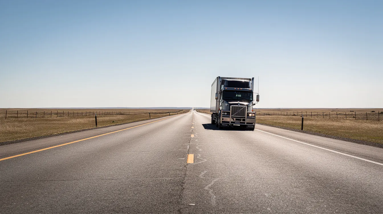The image depicts a long, straight highway extending into the horizon, with an 18-wheeler truck traveling along it under a clear blue sky. This scene emphasizes the importance of electronic logging devices (ELDs) for commercial motor vehicle drivers, ensuring compliance with hours of service regulations as they navigate interstate commerce.