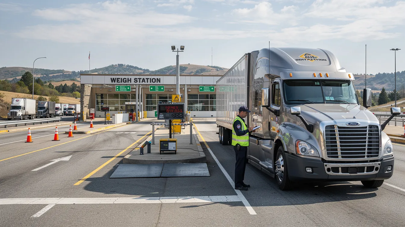 A commercial semi-truck is parked at a highway weigh station during a daytime roadside inspection, where authorized safety officials check the vehicle's compliance with the eld rule and review the driver's duty status using electronic logging devices (ELDs). The scene emphasizes the importance of regulatory compliance for commercial motor vehicle drivers in interstate commerce.