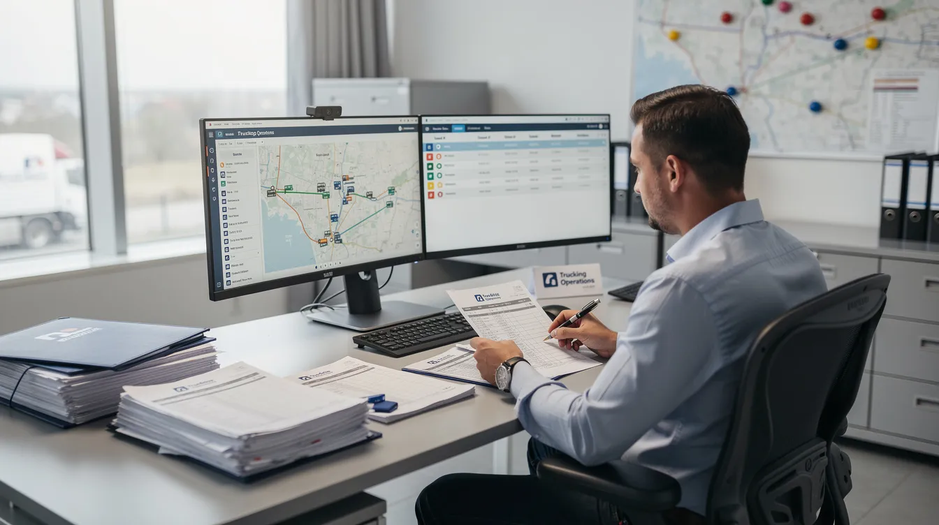 A person is seated at an office desk in a trucking company, reviewing paperwork and monitoring a computer screen that displays electronic logging device (ELD) data related to commercial motor vehicle drivers. The environment suggests a focus on regulatory compliance and maintaining accurate records of duty status and driving hours.
