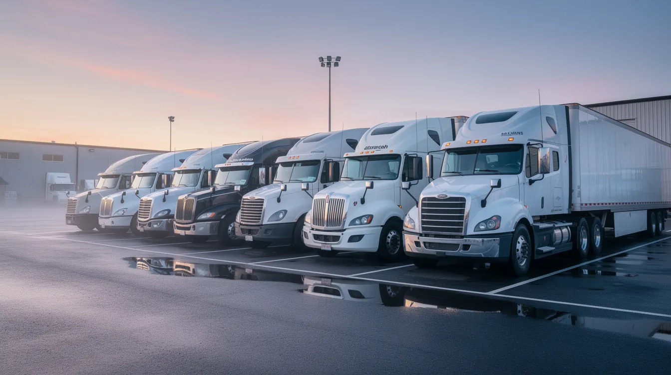 The image shows a row of commercial trucks parked neatly in a fleet yard during early morning, highlighting an organized operation that prioritizes safety and compliance. This setting reflects the importance of maintaining vehicle maintenance records and adhering to regulations for a successful safety audit.