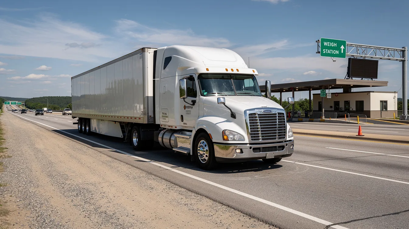 A large semi-truck is parked on the shoulder of a highway near a weigh station, likely preparing for roadside inspections related to regulatory compliance. The truck represents commercial motor vehicles that utilize electronic logging devices (ELDs) to accurately record driving hours and maintain driver logs for safety and duty status.