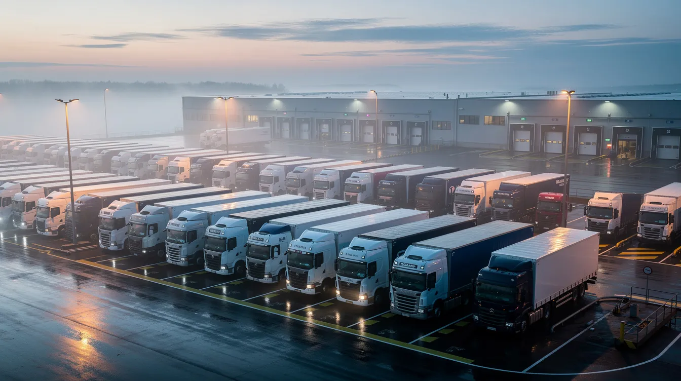 A large fleet of trucks is parked at a logistics terminal during dawn, with the soft glow of early morning light illuminating the scene. The area is organized, showcasing a variety of transportation resources ready for drivers to perform their duties as part of the logistics operation.