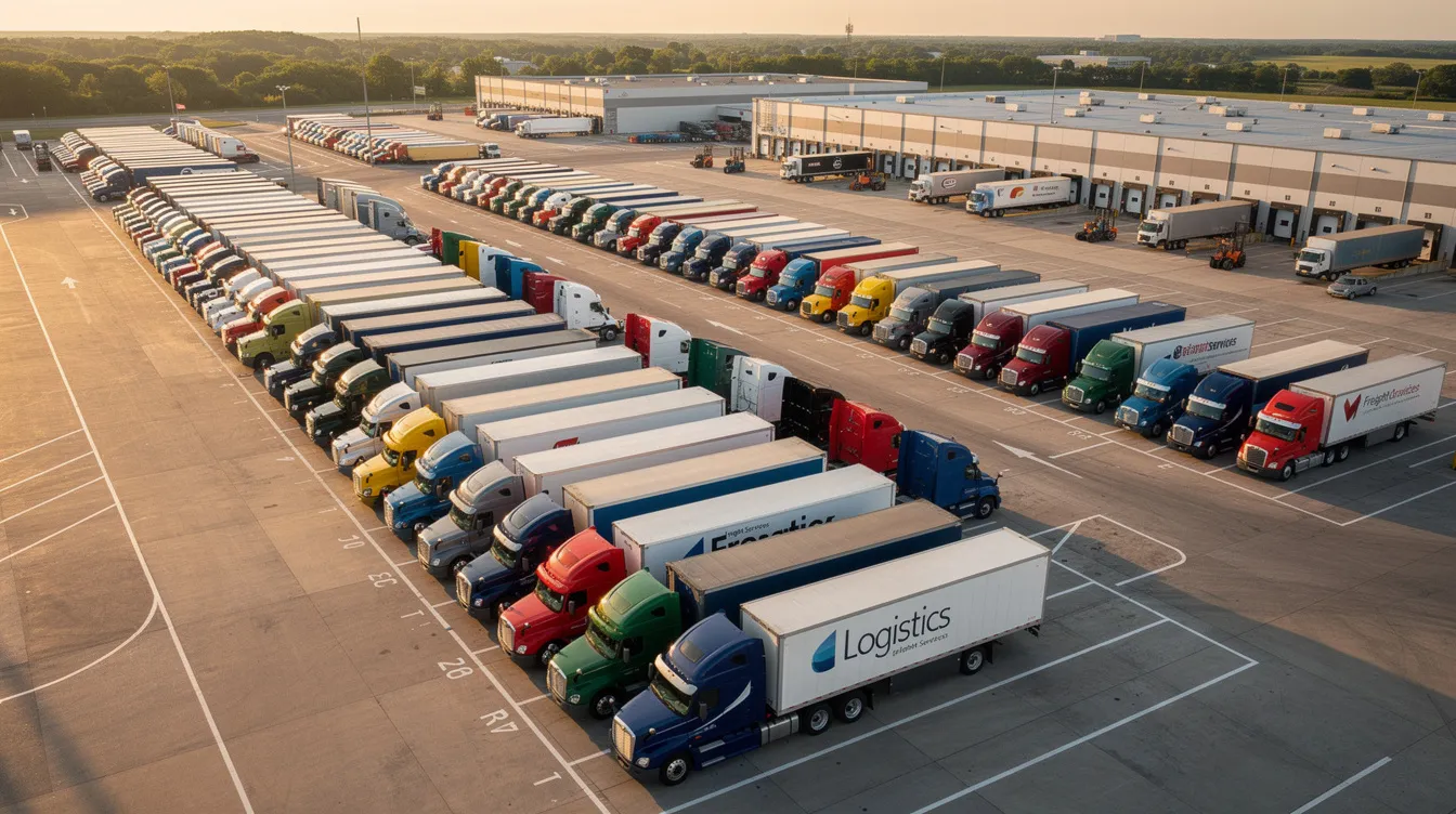 The image depicts a large fleet of commercial trucks parked in orderly rows at a trucking terminal yard, showcasing various commercial motor vehicles ready for interstate commerce. This scene highlights the importance of regulatory compliance with electronic logging devices (ELDs) for tracking driving hours and maintaining driver logs.